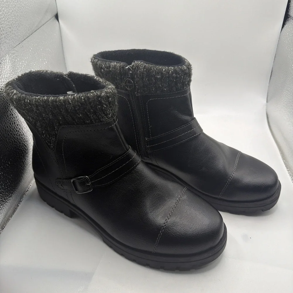JSport Ankle Boots Womens Black‎ Leather Round Toe Side Zip Buckle Comfort - 7.5